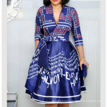 Deep V-neck Blue Printed Half Sleeve Pleated A-line Women Casual Dress